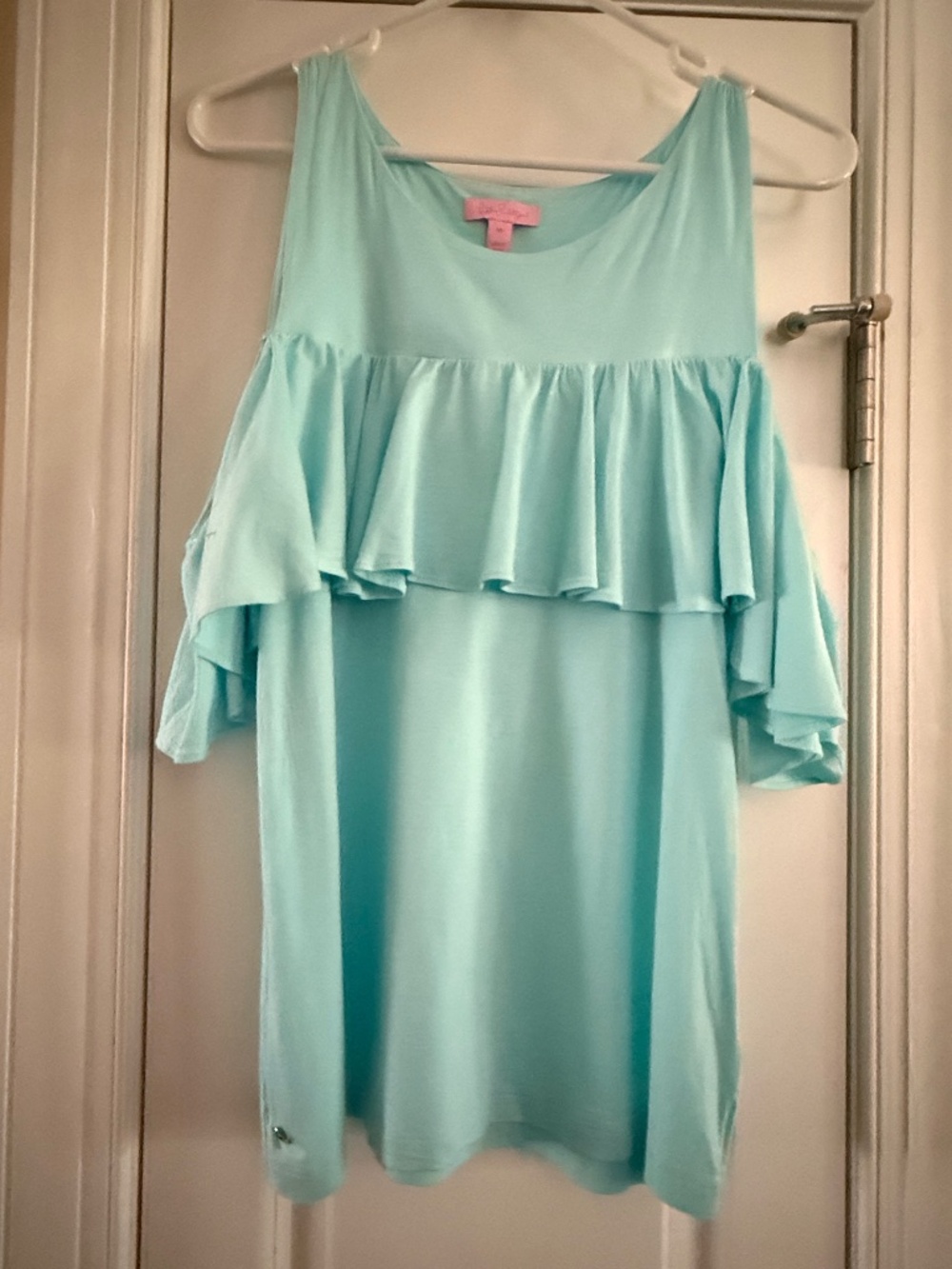 Lilly Pulitzer Lyra cold shoulder ruffle sleeve top. Seasalt Blue. Size Medium